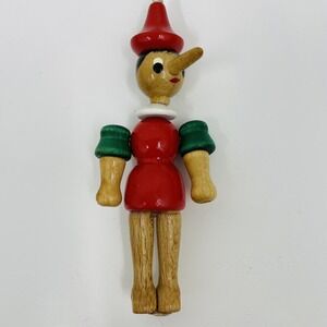 Vintage Sevi Toy From Italy Jointed Poseable 4" Wood Pinocchio Ornament Doll